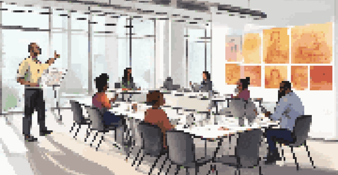 A diverse group of employees participating in an interactive ethics training workshop with laptops and a facilitator discussing ethical scenarios.