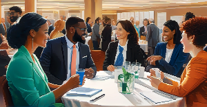 A diverse group of professionals in a stylish conference room, engaged in networking conversations, exchanging business cards, and showing positive body language.