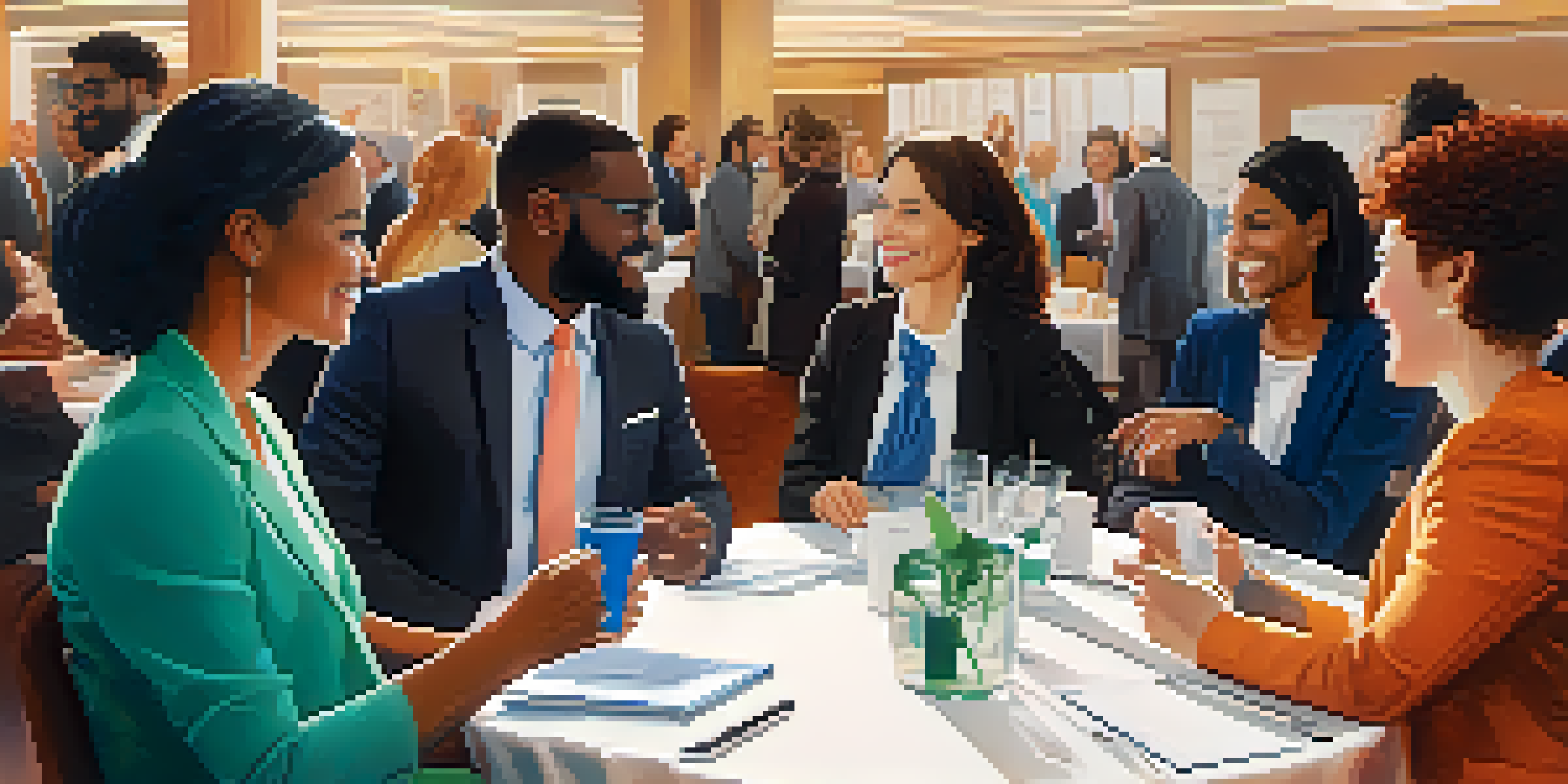 A diverse group of professionals in a stylish conference room, engaged in networking conversations, exchanging business cards, and showing positive body language.