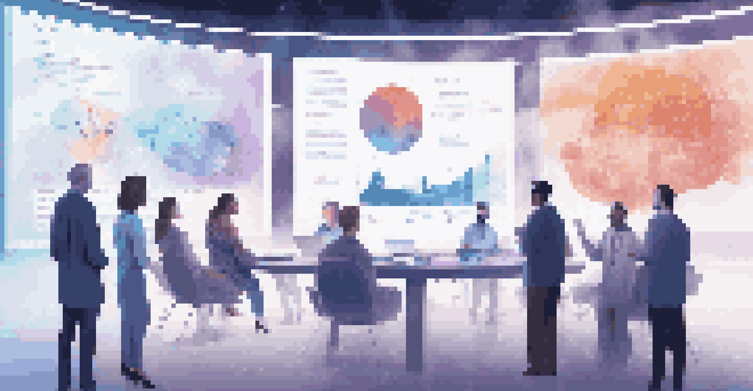 A modern conference room with holographic data visualizations and researchers discussing.