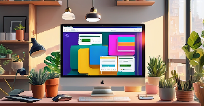 A modern workspace with a laptop showing an online shopping website, colorful packages, and a potted plant by a window.