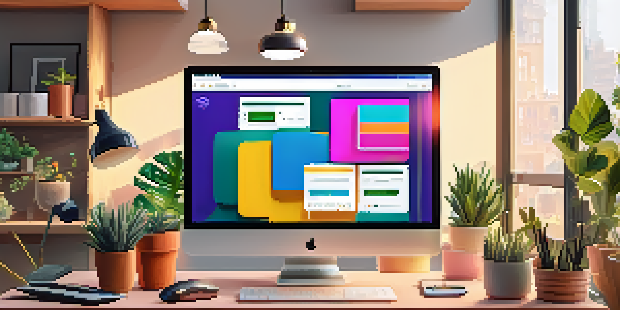 A modern workspace with a laptop showing an online shopping website, colorful packages, and a potted plant by a window.