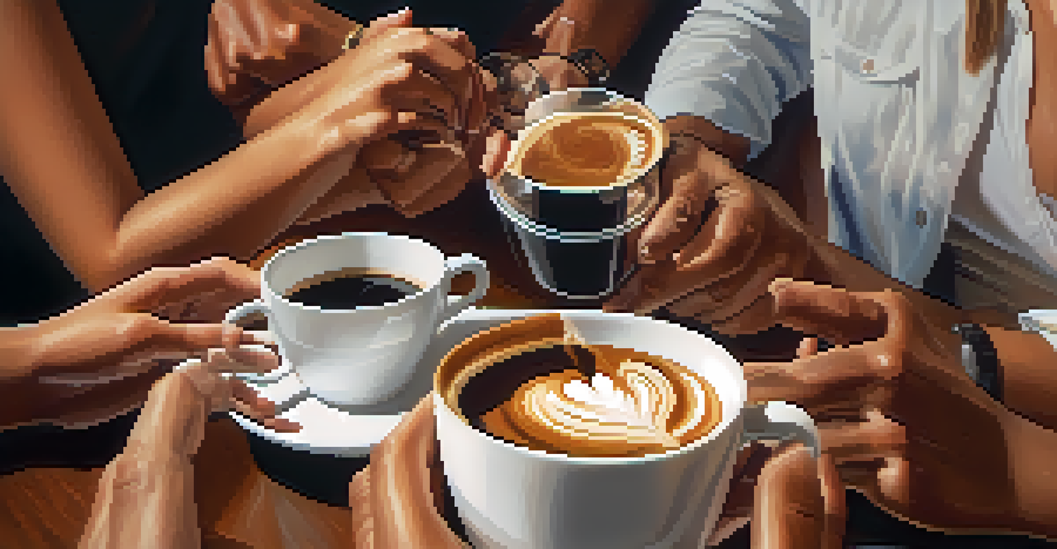 Close-up of diverse hands holding a coffee cup, with a team brainstorming in a cozy café setting.