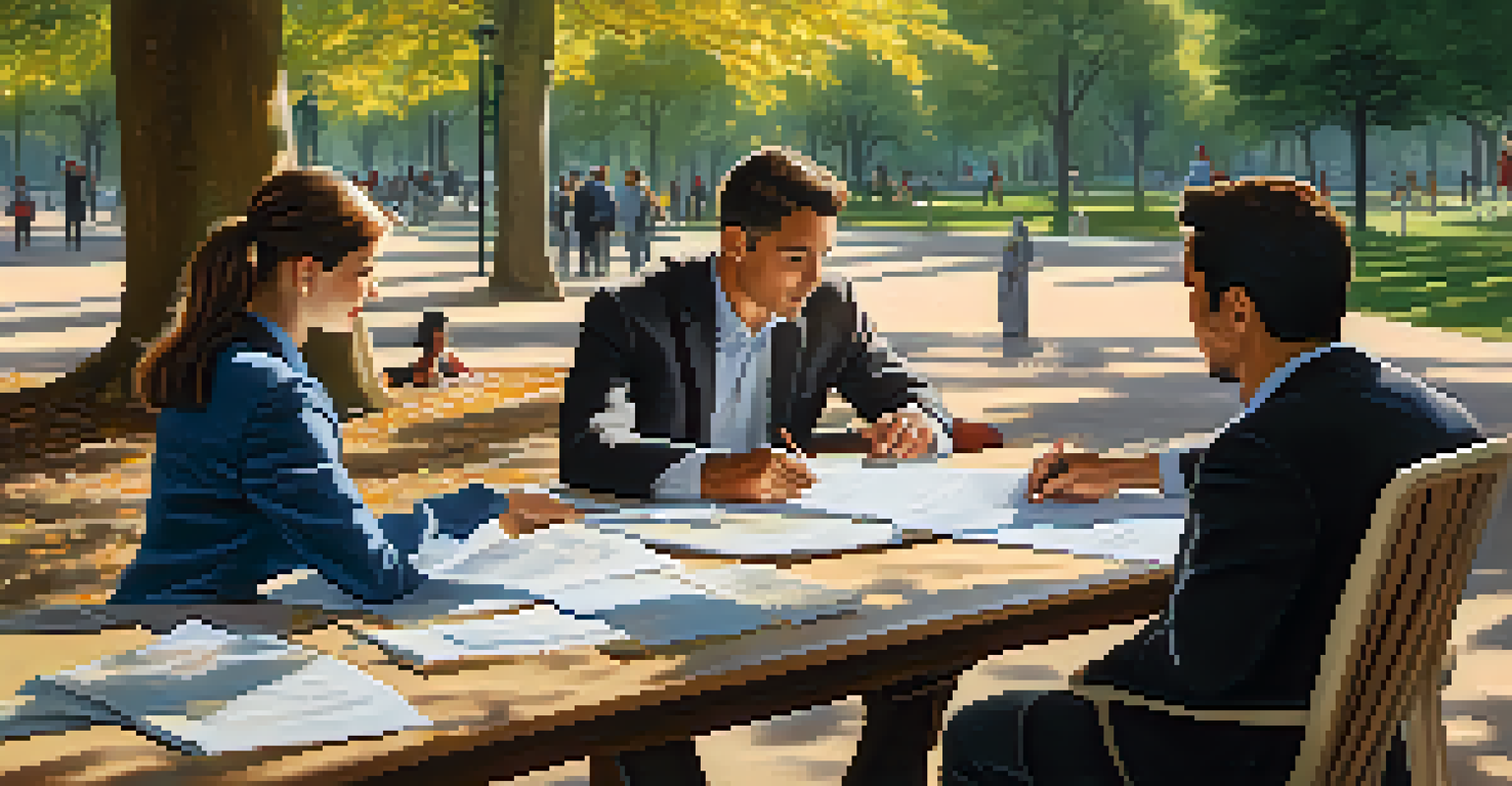 A group of three people negotiating outdoors in a park, with documents on the table.