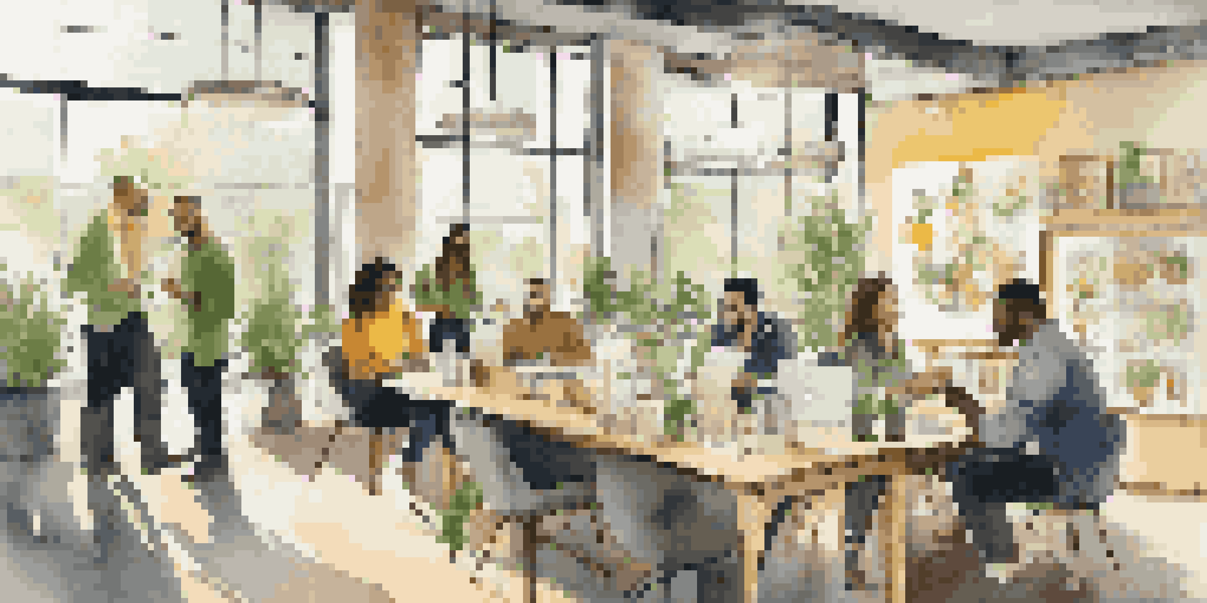 A dynamic group of entrepreneurs collaborating in a bright office space filled with modern decor and natural light.