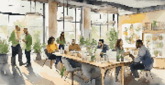 A dynamic group of entrepreneurs collaborating in a bright office space filled with modern decor and natural light.