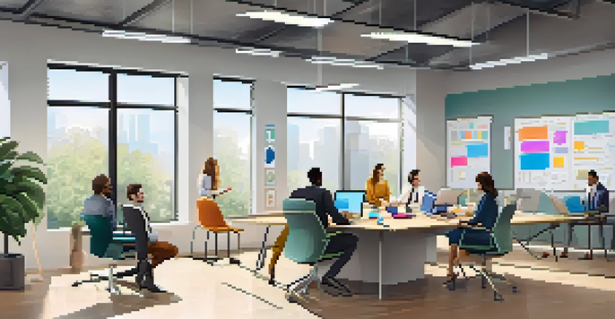 A diverse team of professionals collaborating in a bright modern office, with laptops and sticky notes around a conference table.