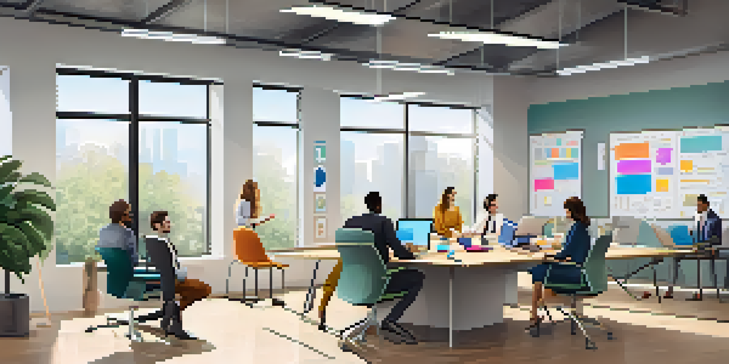 A diverse team of professionals collaborating in a bright modern office, with laptops and sticky notes around a conference table.