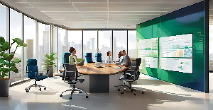 A diverse team of professionals in a modern office discussing merger strategies, with charts and graphs displayed on screens.