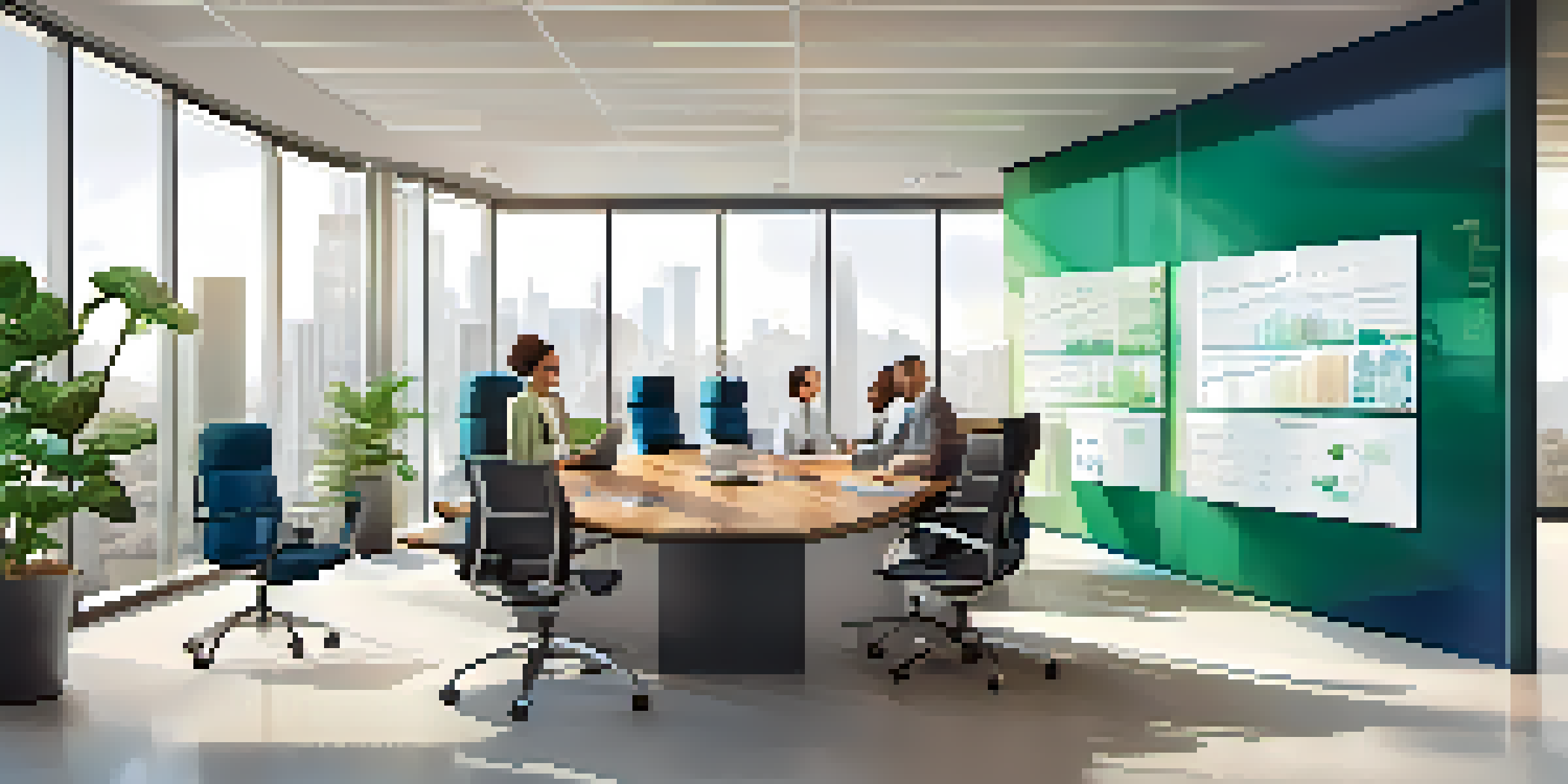 A diverse team of professionals in a modern office discussing merger strategies, with charts and graphs displayed on screens.