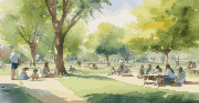 A vibrant park scene with diverse people engaged in community activities like planting trees and having a picnic under a clear blue sky.