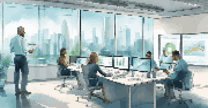 A diverse group of professionals in a bright office having a virtual meeting, with screens showing supply chain data and a city view outside.