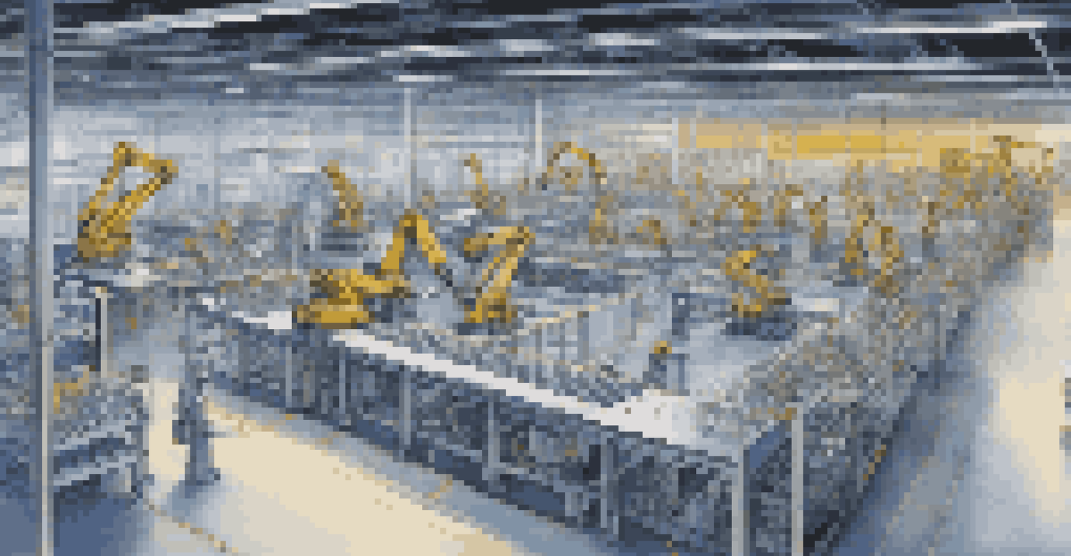 A high-tech manufacturing floor with robotic arms and digital screens displaying metrics.