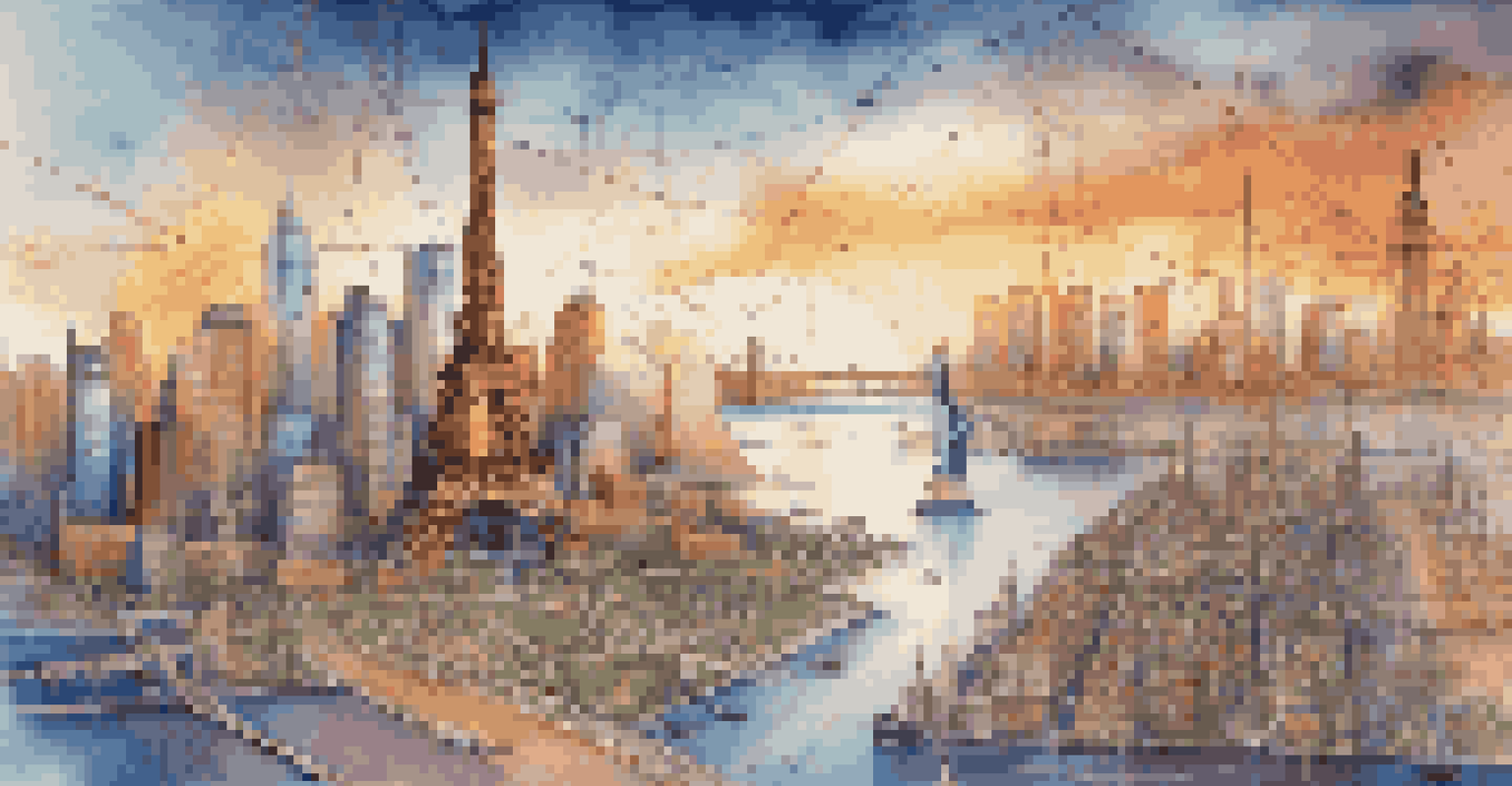 A cityscape featuring famous international landmarks connected by digital lines, representing globalization and connectivity.
