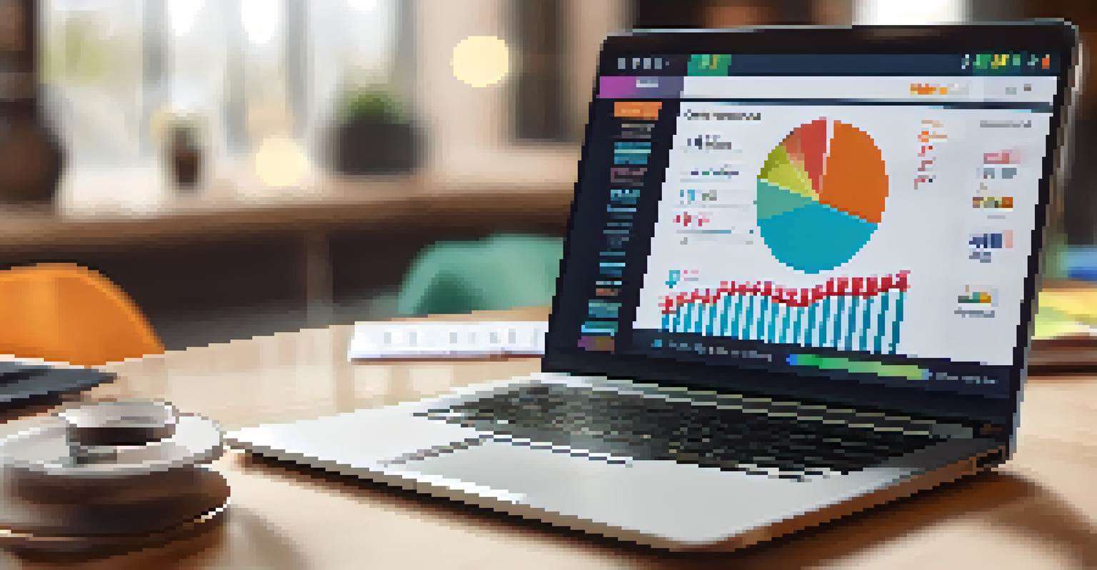 A laptop screen showing email marketing analytics with coffee and a notepad in a cozy workspace.