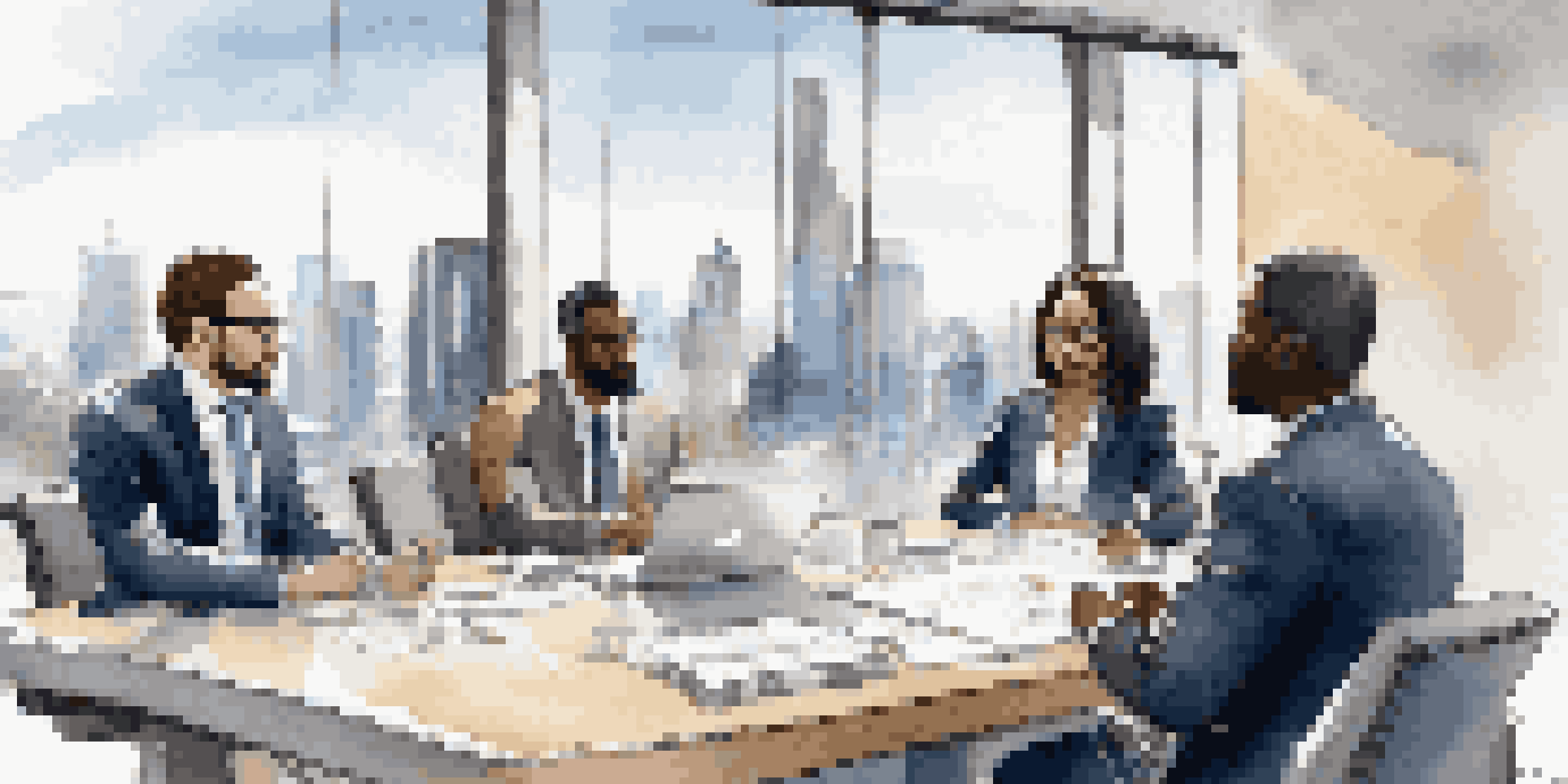 A diverse group of business professionals from different cultures collaborating in a modern conference room with a city skyline view.