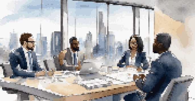 A diverse group of business professionals from different cultures collaborating in a modern conference room with a city skyline view.