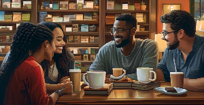 A warm coffee shop where diverse professionals are conversing, surrounded by a cozy atmosphere with coffee cups and pastries on the table.