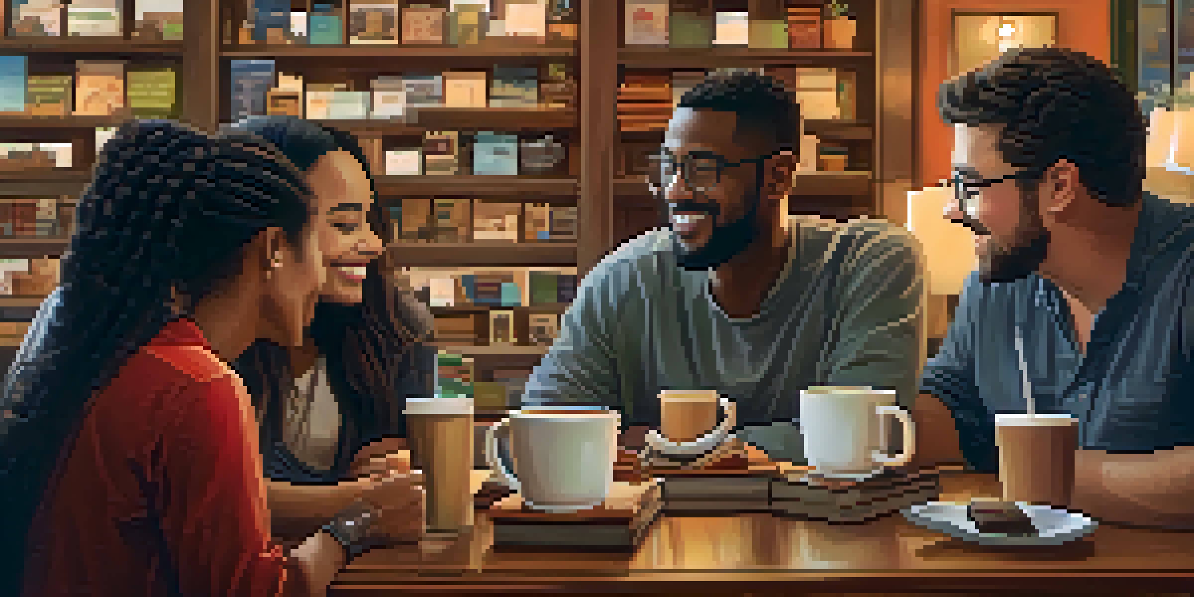 A warm coffee shop where diverse professionals are conversing, surrounded by a cozy atmosphere with coffee cups and pastries on the table.