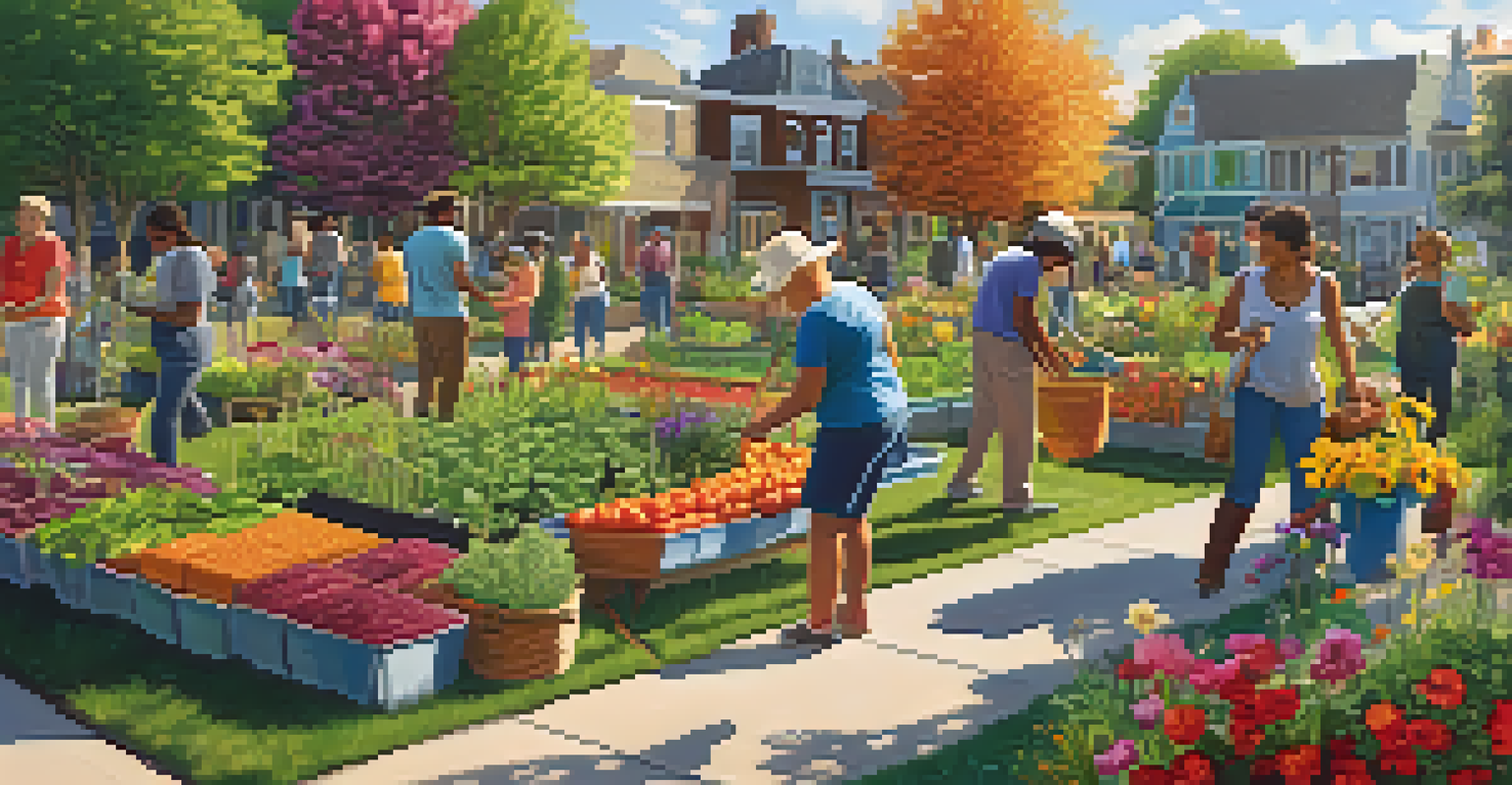 A diverse group of people planting flowers and vegetables in a sunny community garden, showcasing a spirit of growth and collaboration.