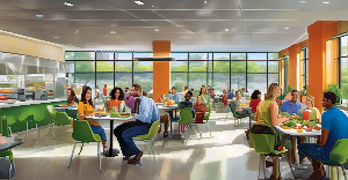 A bright office cafeteria where employees are happily eating healthy meals, surrounded by colorful fruits and vegetables.