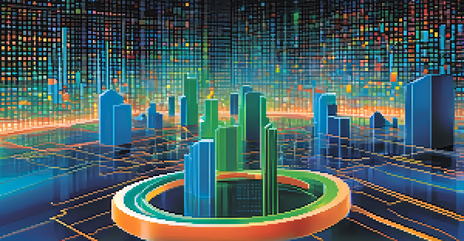 An abstract representation of data analytics with a colorful 3D graph and digital landscape.