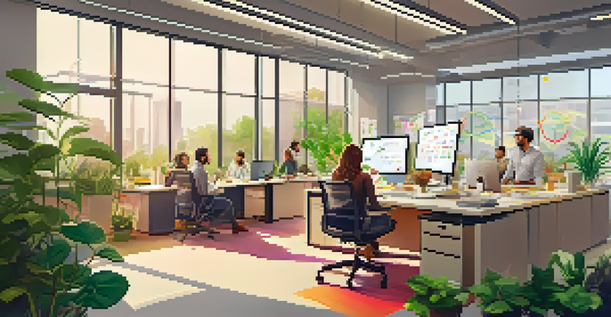 A diverse group of professionals collaborating in a bright startup office, surrounded by diagrams and post-it notes.