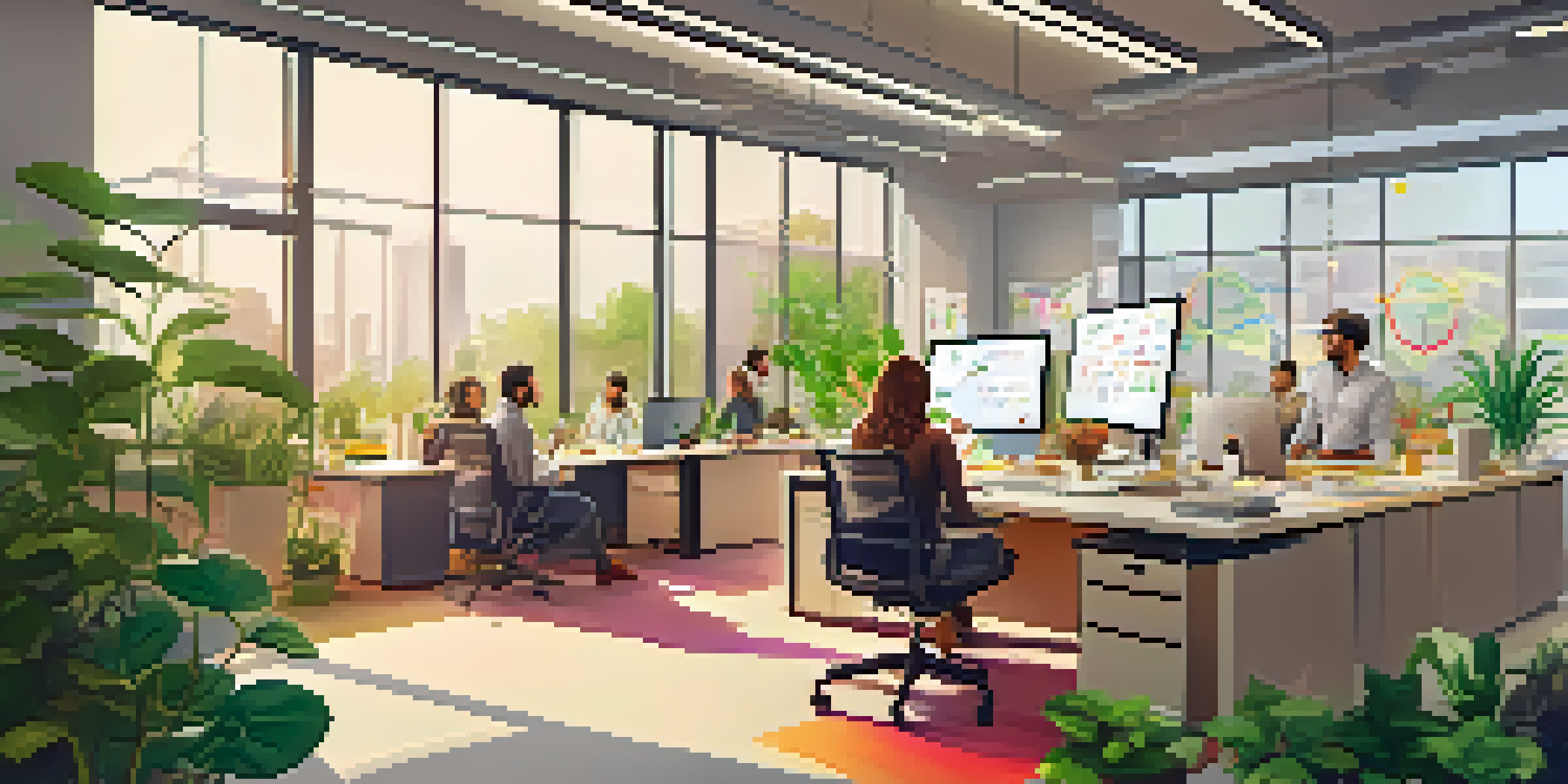 A diverse group of professionals collaborating in a bright startup office, surrounded by diagrams and post-it notes.