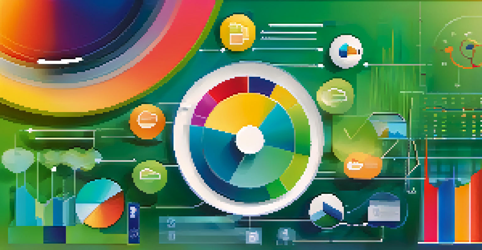 An abstract design showcasing colorful analytics data with charts and social media icons against a gradient background.