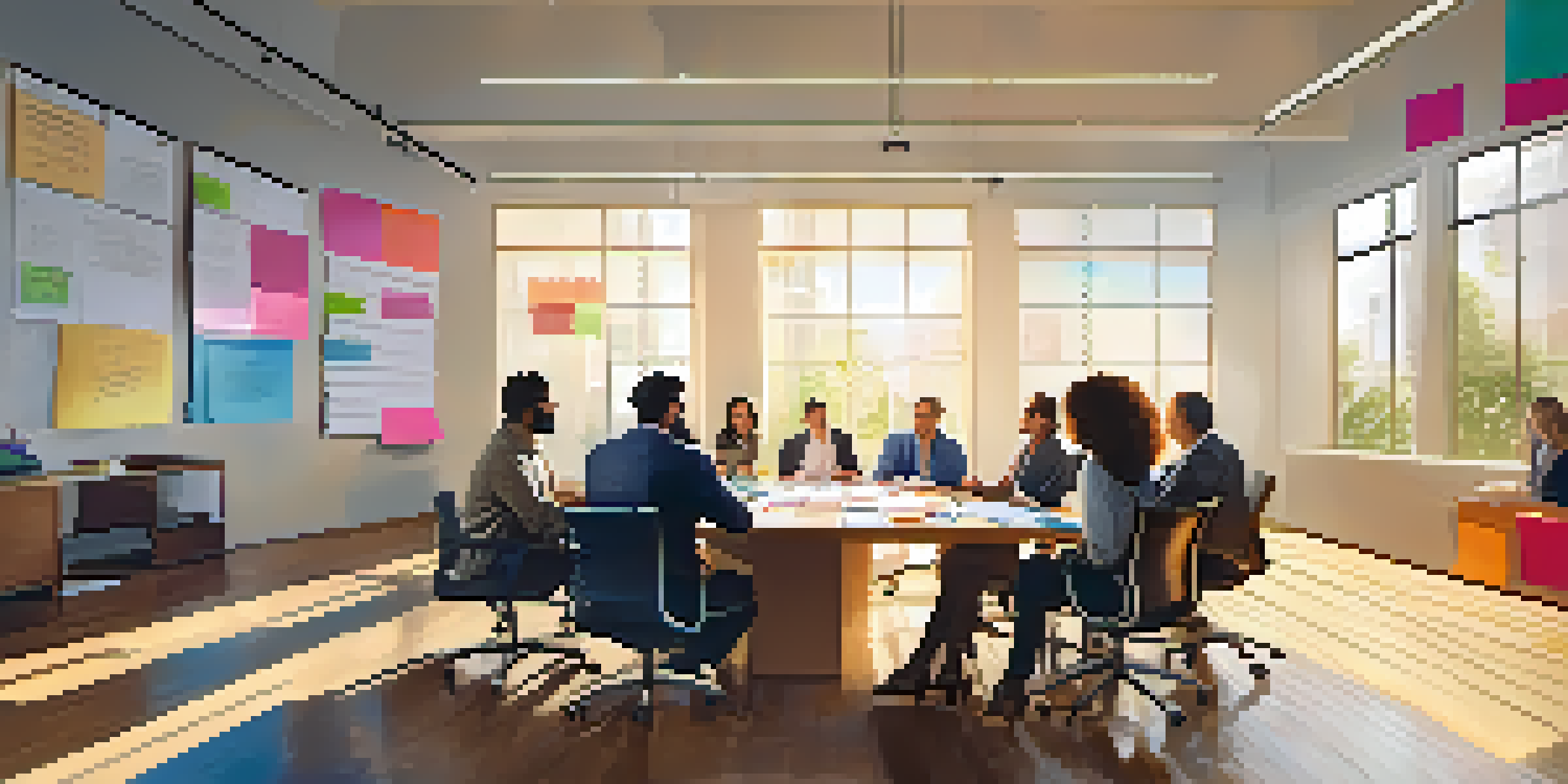A diverse group of professionals having a collaborative team meeting in a bright, modern office with a whiteboard and sunlight.