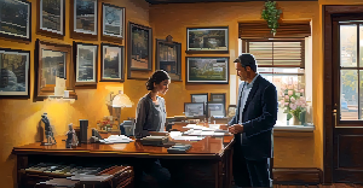 A father giving a key to his daughter in an emotional moment, with personal photos and mementos in a warm office setting.