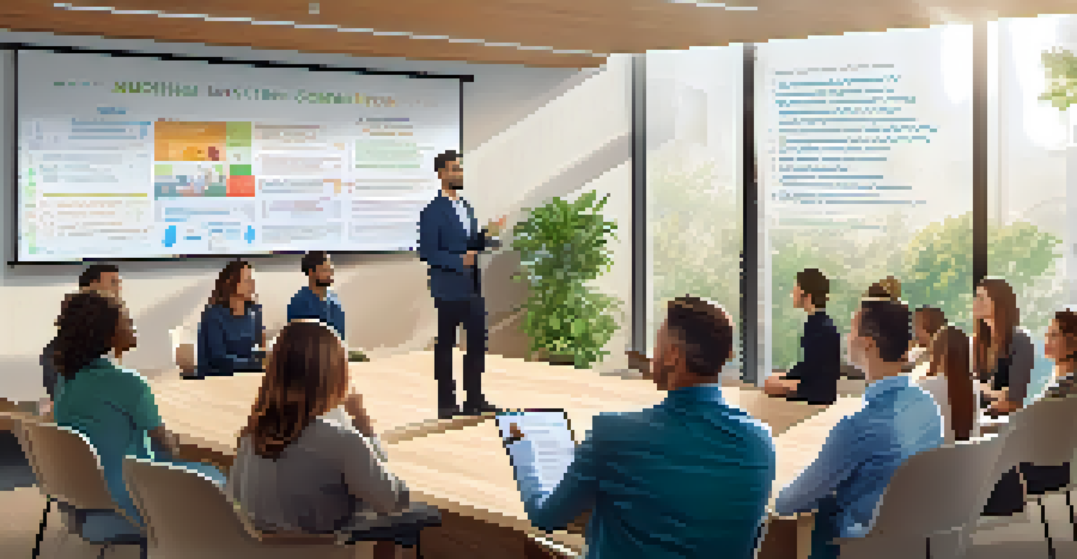 A leader presenting a unified vision in a conference room to an attentive, diverse audience.