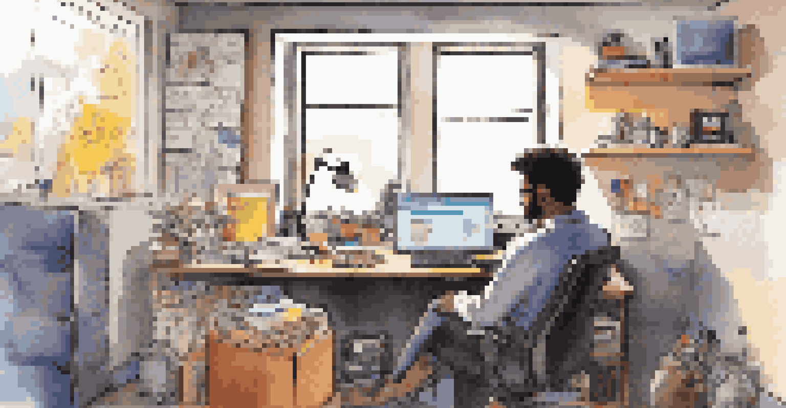 A person in a modern home office preparing for a live video presentation, surrounded by notes and tech gadgets, with a warm and inviting atmosphere.