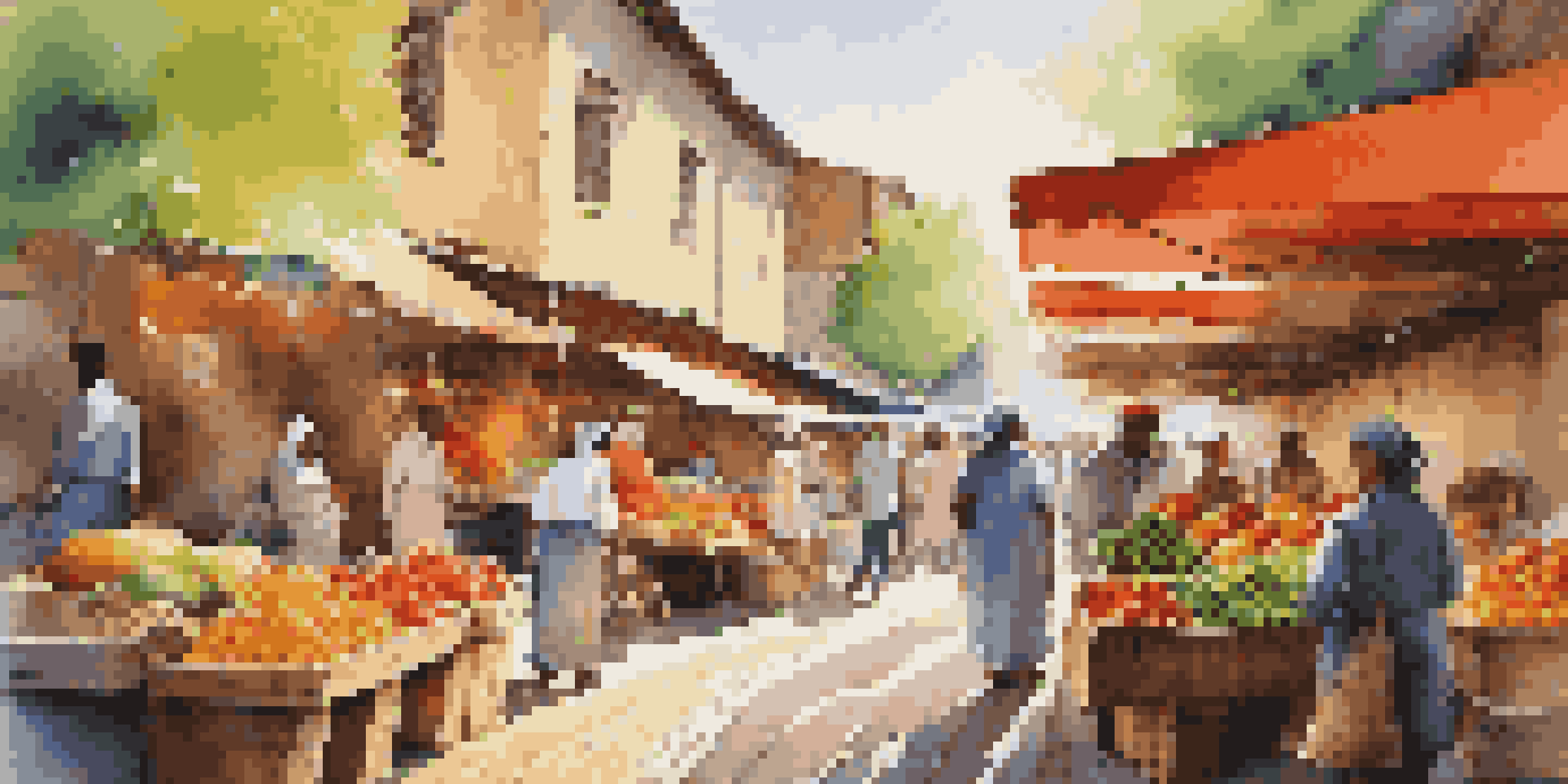 A lively urban market filled with colorful stalls and diverse people interacting in a sunlit street.