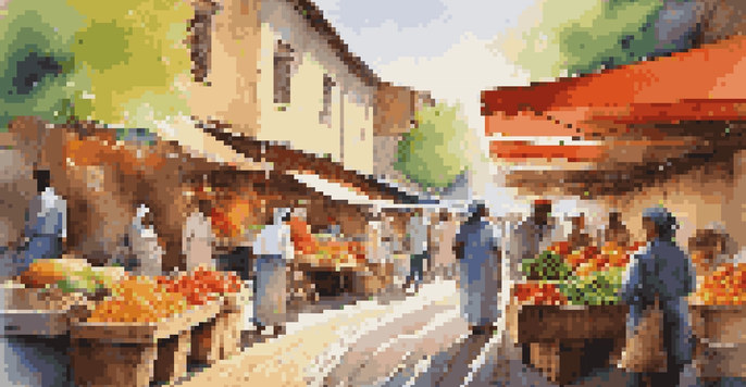 A lively urban market filled with colorful stalls and diverse people interacting in a sunlit street.