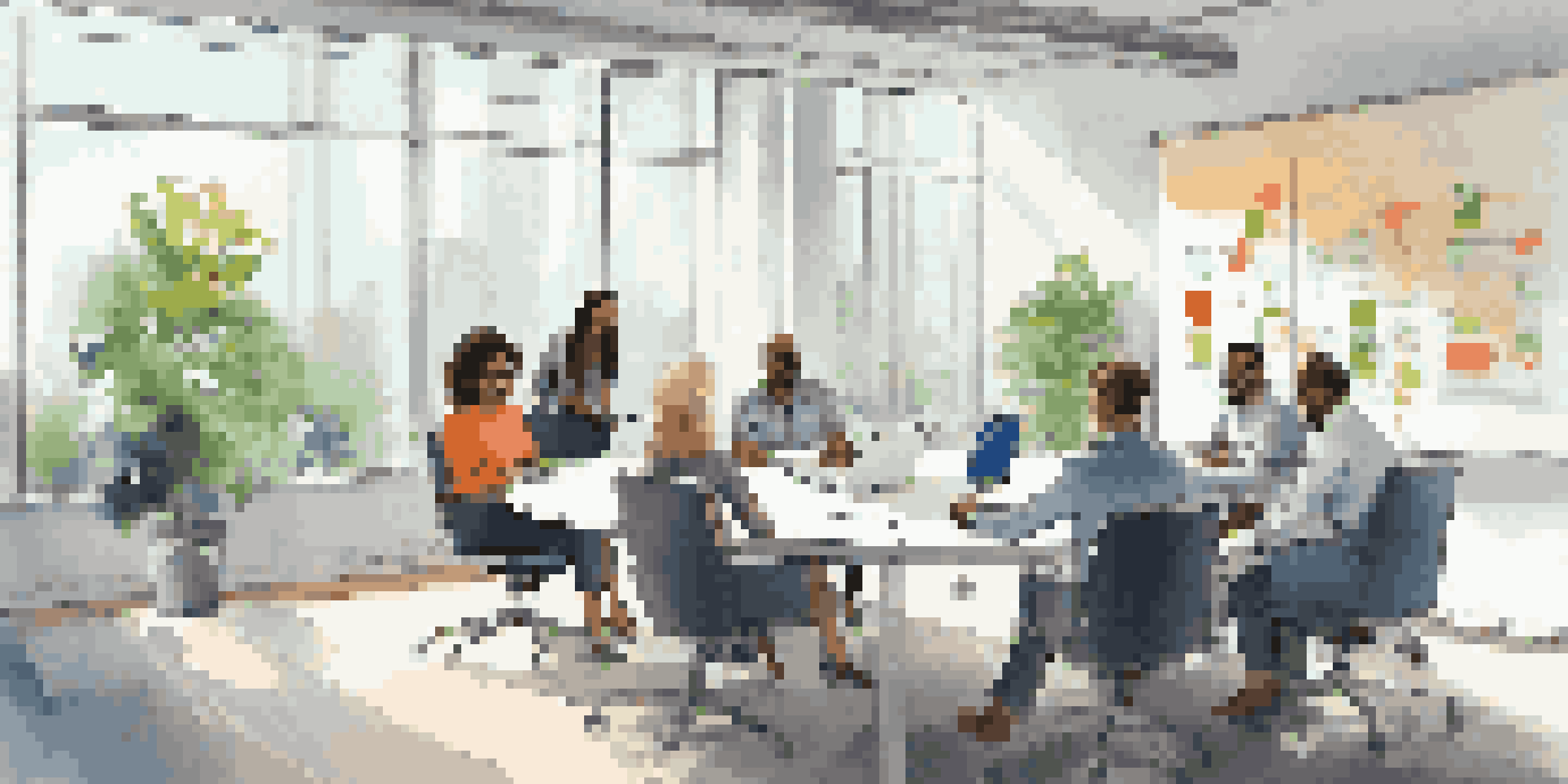 A diverse group of professionals in a bright office meeting, surrounded by modern furniture and a whiteboard with diagrams.
