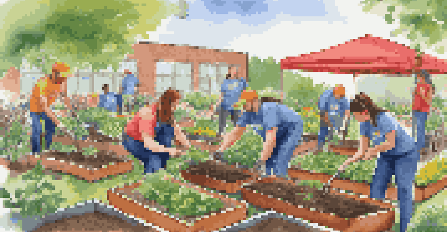 Employees participating in a corporate volunteer day, planting flowers and vegetables in a community garden, wearing company-branded shirts with smiles.