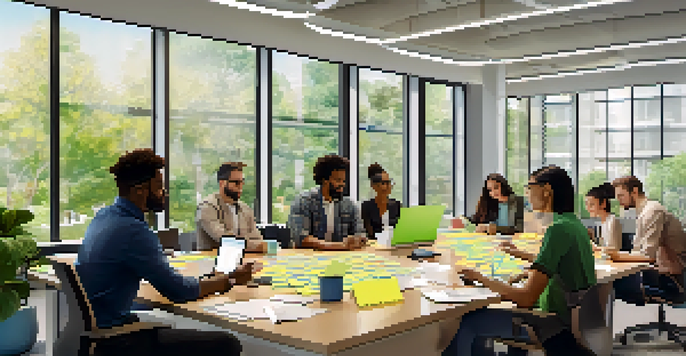 A diverse group of employees working together at a large table in a well-lit office, surrounded by greenery.