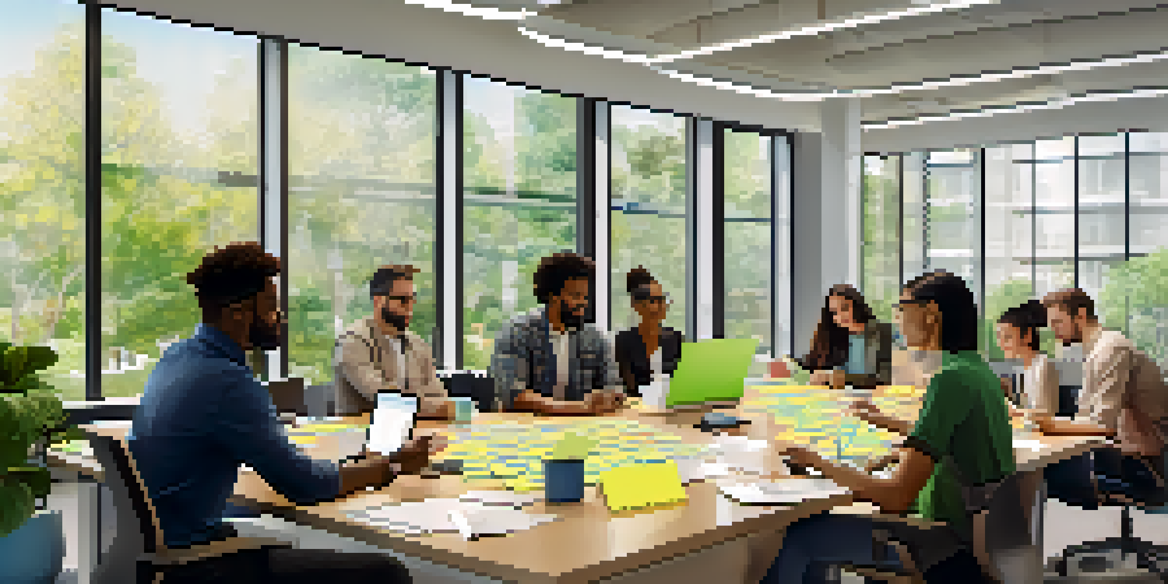 A diverse group of employees working together at a large table in a well-lit office, surrounded by greenery.