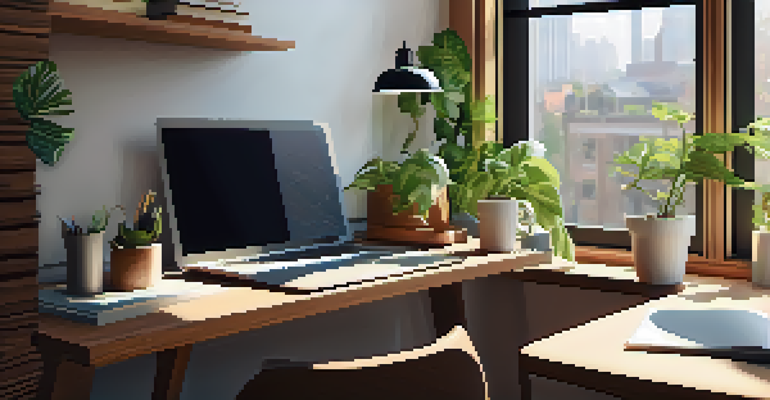A modern workspace with a laptop, coffee cup, and a potted plant, illuminated by natural light.