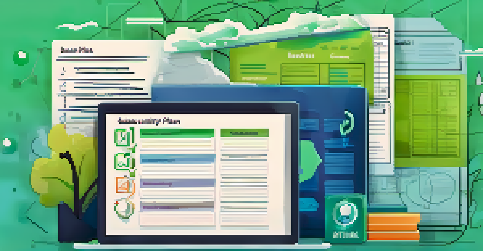 An illustrated business continuity plan document with a checklist and icons for various risks, set against a soothing gradient background.