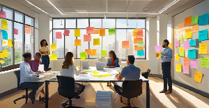A diverse group of employees in a bright office brainstorming together, with sticky notes on whiteboards.