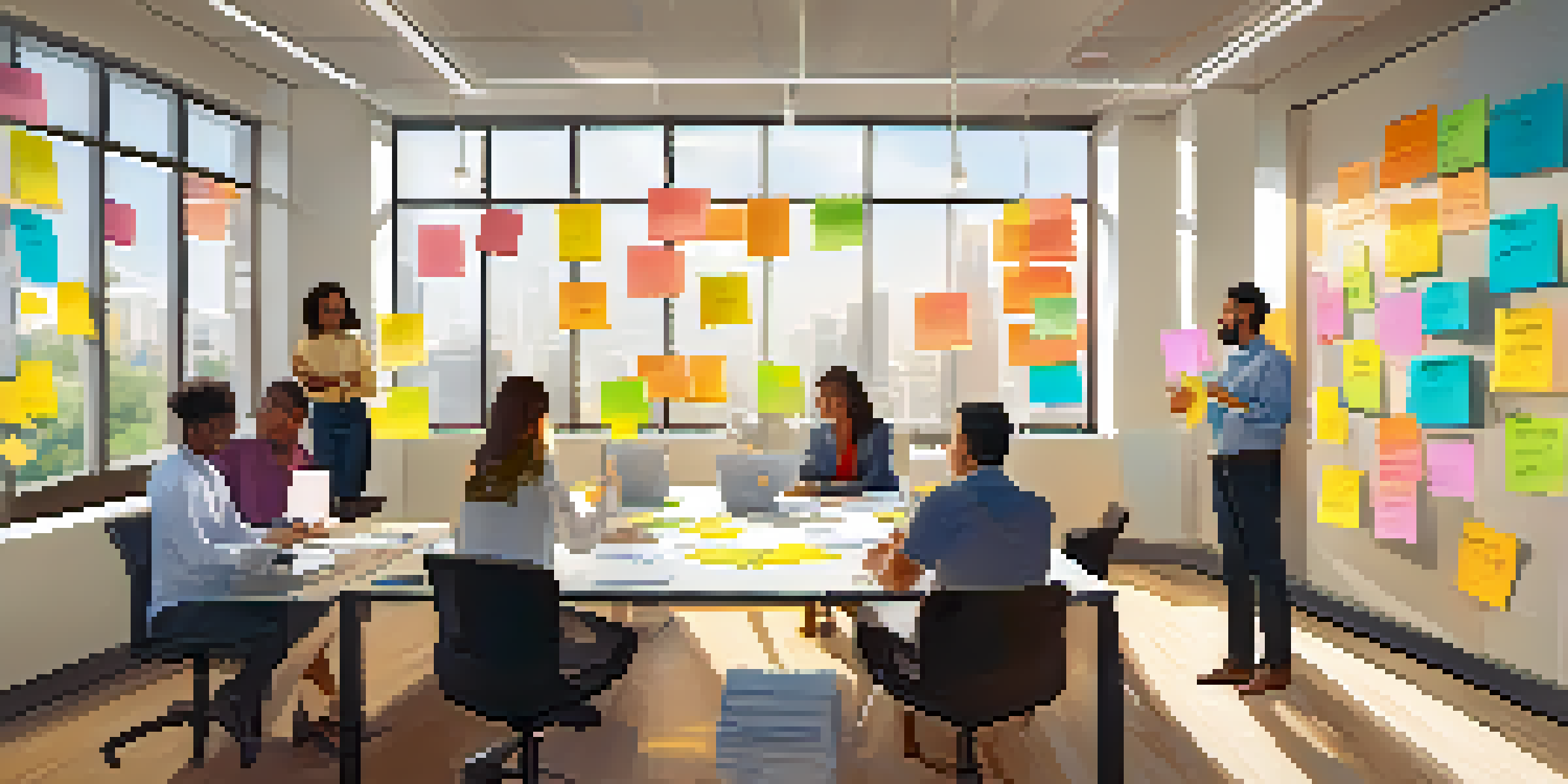 A diverse group of employees in a bright office brainstorming together, with sticky notes on whiteboards.