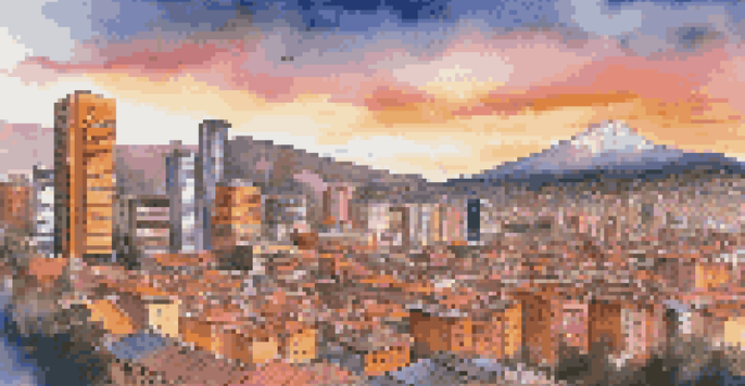 A sunset view of Bogotá's city skyline with modern buildings and the Andes mountains in the background, bustling streets filled with people and vendors.