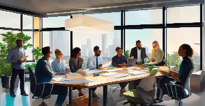 A diverse group of professionals in a bright office discussing ideas around a conference table with documents and devices.