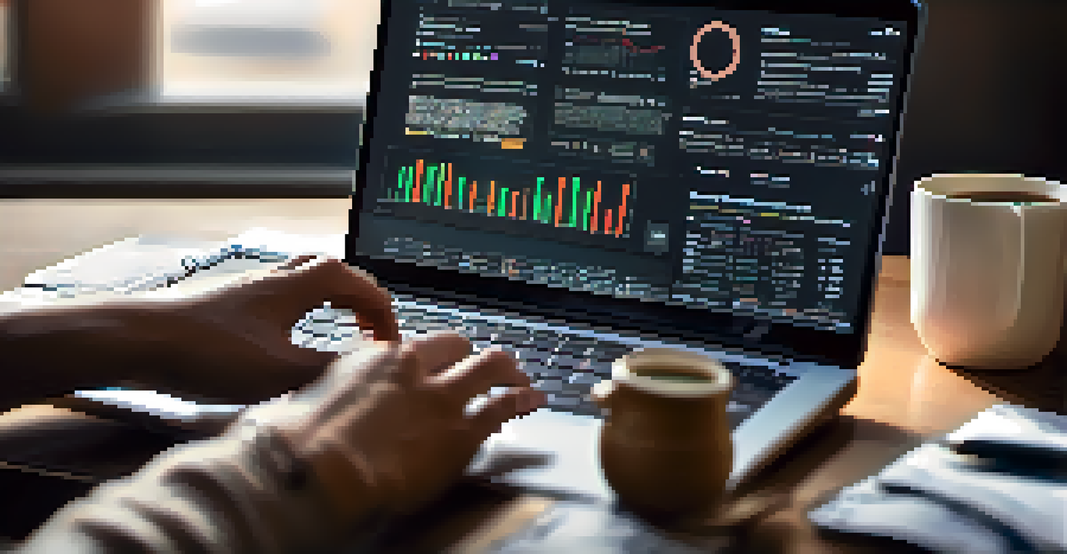 A close-up view of a hand typing on a laptop, with analytics metrics blurred in the background.