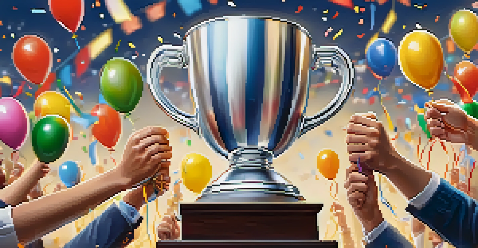Hands exchanging a trophy during a celebration, with a joyful team cheering in the background, symbolizing success.