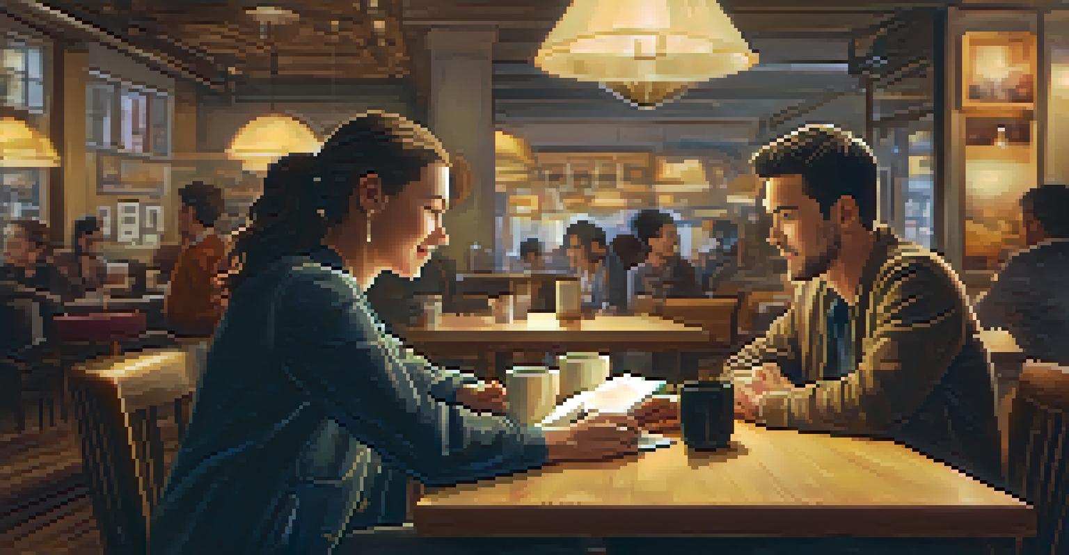 Two individuals in a cozy café discussing ideas over a laptop, with warm lighting and coffee cups on the table.