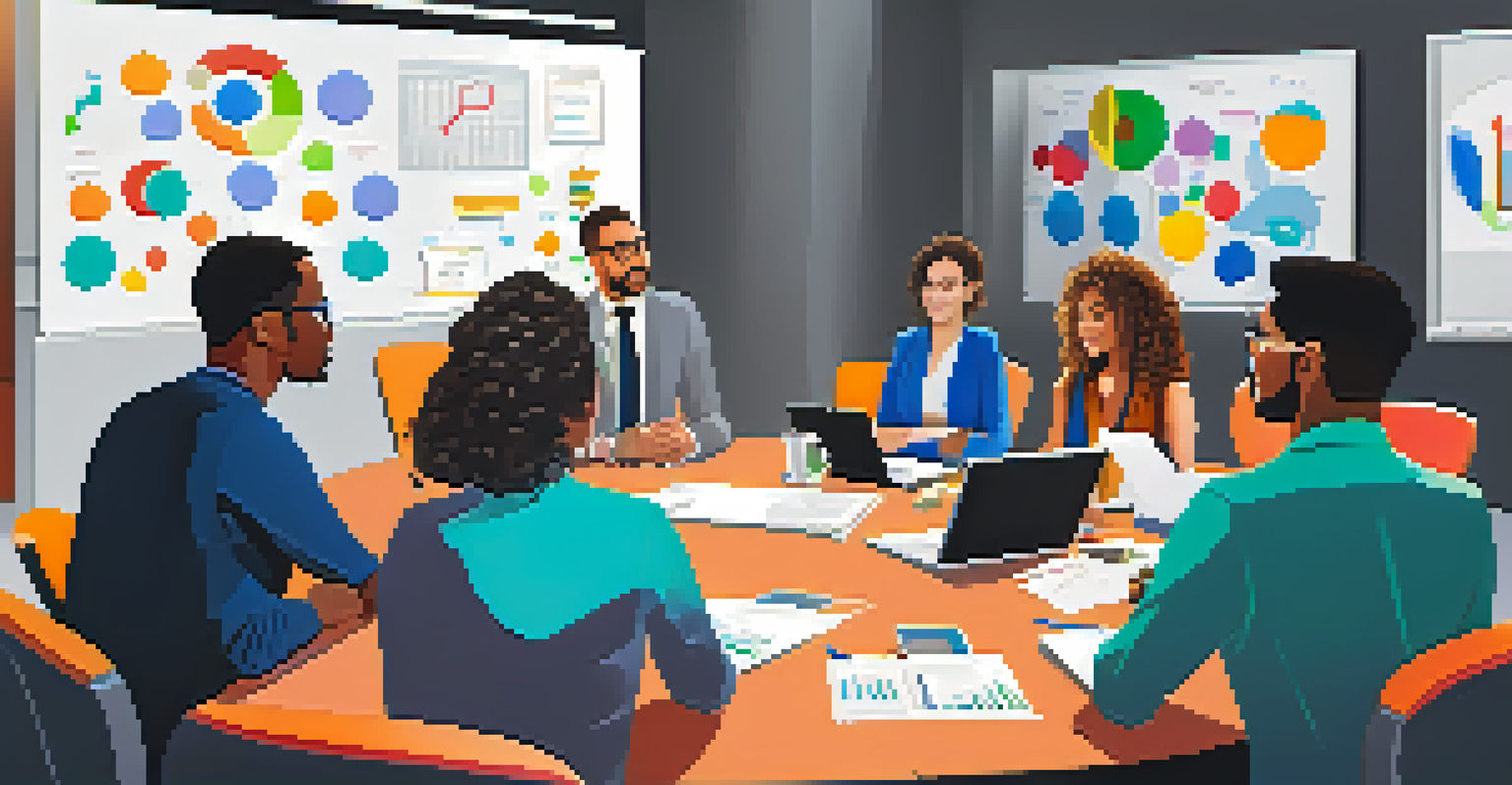 A diverse group of employees participating in a focus group discussion in a modern conference room with a circular table and a whiteboard.