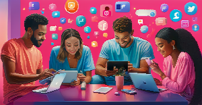 A diverse group of people interacting with their devices in a colorful digital environment, representing various social media platforms.